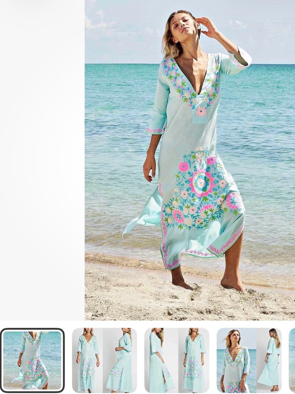 Aqua Floral Embroidered V-Neck Swim Cover-Up